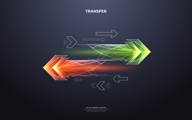 Abstract digital two left-right arrows with green and red color shapes in futuristic low poly style with doodle elements on a technology dark background. Data receive concept. Vector illustration. - obrazy, fototapety, plakaty