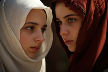 Two young girls close-up with intense looks. Israeli and Palestinian girls