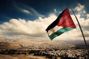 Palestinian flag waving in the wind with cityscape background.