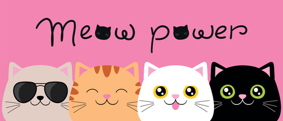 Collection of cat heads with handwriting Meow power. Cats with different color patterns. Vector illustration
