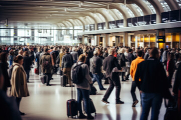A blurry crowd of people in a busy airport terminal. - obrazy, fototapety, plakaty