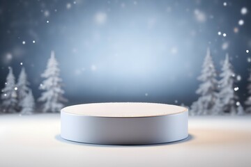 empty silver white podium with a snowy background