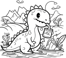 Coloring Page Outline Of Cute Dinosaur Cartoon Character. Vector Illustration.
