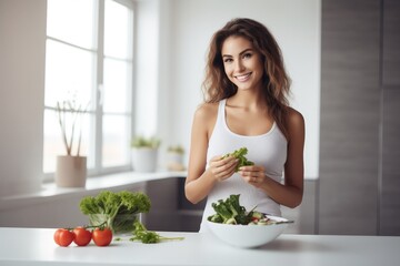 Healthy woman holding salad bowl and vegetables for eating. Diet and Healthy food concept.