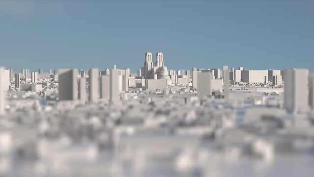 The Notre-Dame in the city of Paris as a white 3D model. Slowly rotating camera with a lot of depth of field.