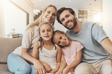 Home, portrait and mother with father, kids and happiness with support, bonding together and cheerful. Face, family and children with parents, care and love with a smile, cheerful and joy in a lounge