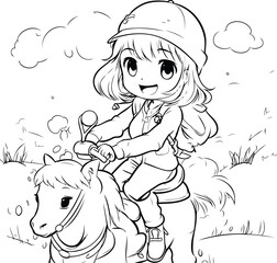 Illustration of a Cute Little Girl Riding a Horse in the Field