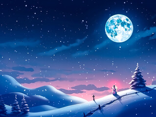 Cute Christmas background with snowman in snowy mountains at night.