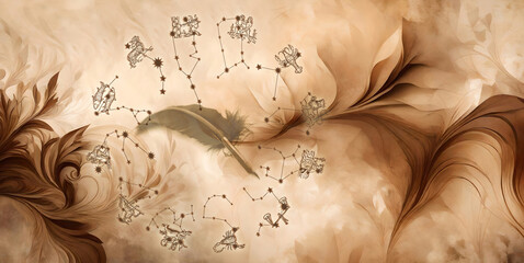zodiac symbols with star constellations and antique feather pen quill over old parchment with artistic pattern like old astrology background