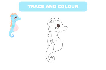 handwriting practice colouring book with cute sea character seahorse