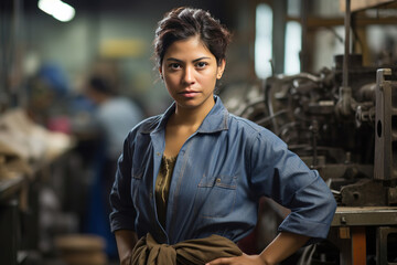 Fototapeta premium hispanic female factory worker posing looking at the camera