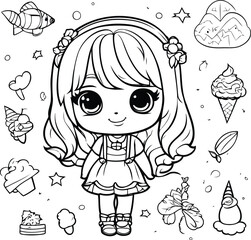 Cute cartoon girl with ice cream. Vector illustration for coloring book.