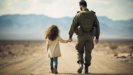 A military soldier and a little girl are walking down a dirt road in the middle of the desert. - obrazy, fototapety, plakaty