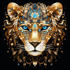 A cheetah face made of beautiful gemstones.
