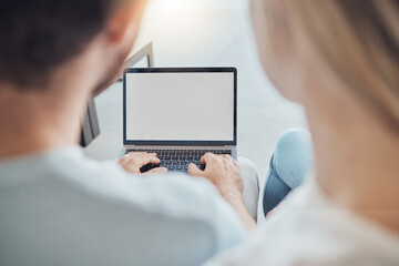 Couple, laptop screen and home planning, research or typing online for asset management or loan information. People, back and computer mockup or advertising space for website sign up or registration