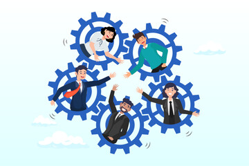 Businessman woman, people on gear cogwheel working together, team working together, teamwork, organization or employee collaboration for success, community or meeting agreement, cooperation (Vector)