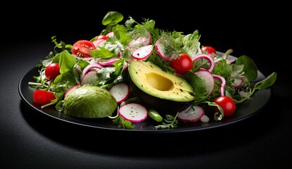 green salad with avocado and avocado mixed vegetables radishes greens - obrazy, fototapety, plakaty