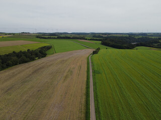 Fototapeta na wymiar Aerial view of a countryroad between mowed and harvested fields in the countryside in late summer 