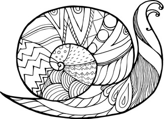 funny cute snail consisting of patterns and lines, coloring book for adults and children, black and white vector,