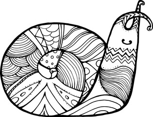 funny cute snail consisting of patterns and lines, coloring book for adults and children, black and white vector,
