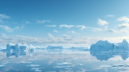 An island of white ice floats on the surface of the ocean's blue water. The ocean is serene. Blue and smooth water is present. The ice is white and transparent. The sky is unclouded