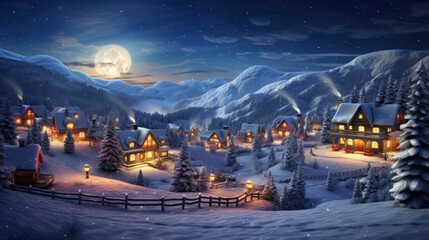 Christmas village winter landscape. Houses with warm light in the windows in the snowy valley in the evening.