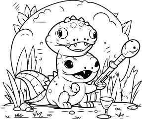 Black and White Cartoon Illustration of Dinosaur Fantasy Character for Coloring Book