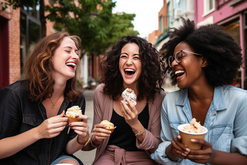 Group of happy women eating ice cream outdoors at city urban street