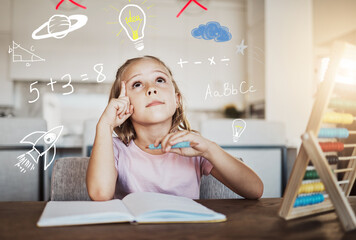 Child, thinking and homework with light bulb for learning math, numbers and creative ideas or...
