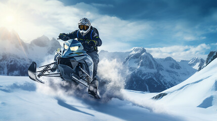 Fototapeta na wymiar Piloto de snowmobile realizando salto espetacular na bela paisagem nevada