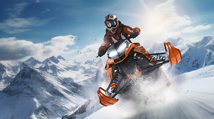 Piloto de snowmobile realizando salto espetacular na bela paisagem nevada - obrazy, fototapety, plakaty