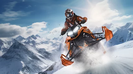 Fotobehang Piloto de snowmobile realizando salto espetacular na bela paisagem nevada © Alexandre