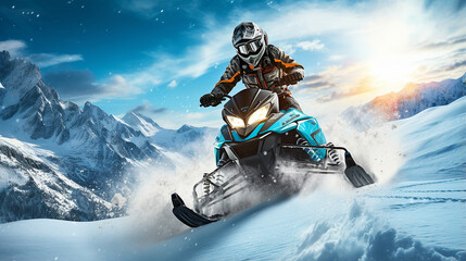 Piloto de snowmobile realizando salto espetacular na bela paisagem nevada - obrazy, fototapety, plakaty