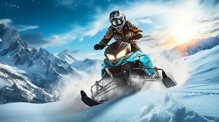 Foto op Aluminium Piloto de snowmobile realizando salto espetacular na bela paisagem nevada © Alexandre