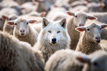 A wolf hiding among a flock of sheep, leading the way or waiting for the right moment to act - Concept of identity and difference, of being unique among others, or metaphor for hidden risk and danger - obrazy, fototapety, plakaty