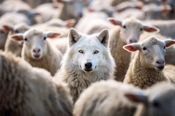 Tuinposter A wolf hiding among a flock of sheep, leading the way or waiting for the right moment to act - Concept of identity and difference, of being unique among others, or metaphor for hidden risk and danger © mozZz