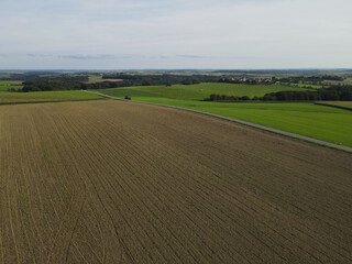 Drone view of a countryside with agriculture fields, trees and a asphalt road 