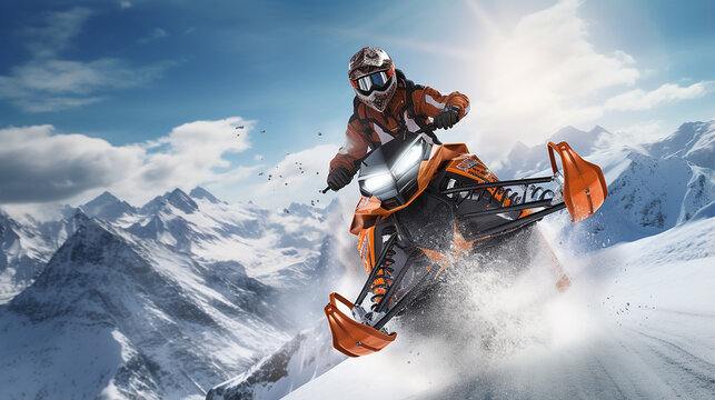 Piloto de snowmobile realizando salto espetacular na bela paisagem nevada