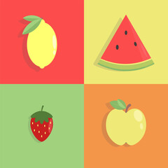 Four fruits, lemon, watermelon, strawberry, apple, on different backgrounds, illustration, vector