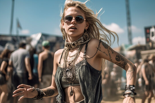 Energized Blonde Rocker: Dancing and Thriving in the Heart of a Rock Festival Crowd, ai generative