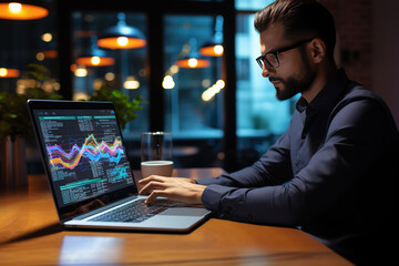 Data scientist, Programmer using laptop analyzing financial data on futuristic virtual interface.