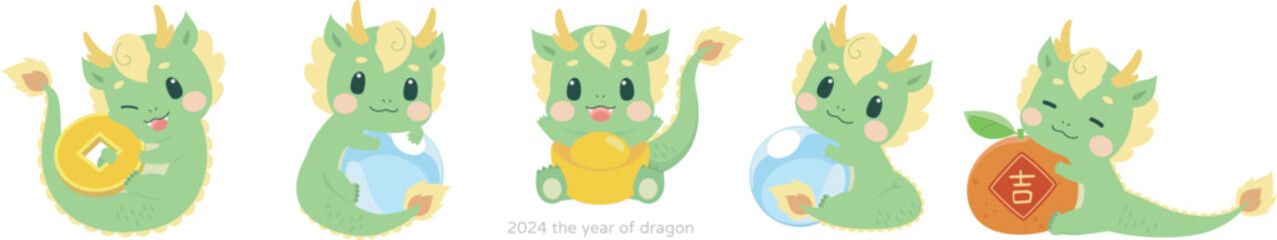 Baby Dragon holding crystal ball, Ingots, golden coin, and orange. Year of dragon Vector illustration. © CHANG