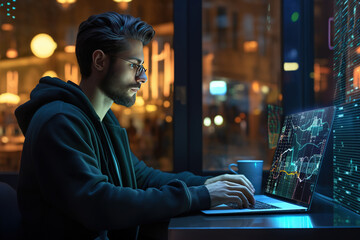 Data scientist, Programmer using laptop analyzing financial data on futuristic virtual interface.