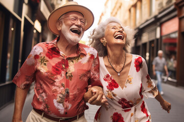 Cheerful Happy senior couple having fun walking on city street
