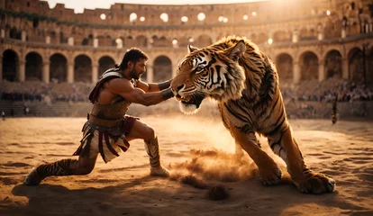 Schilderijen op glas a gladiator fights a tiger in the coliseum © Amir Bajric