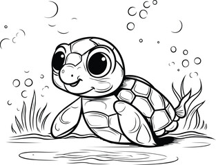 Cute baby turtle swimming in the water. Vector illustration on white background.