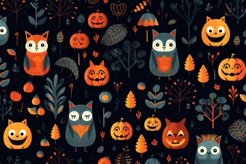 Fotobehang Pattern for Halloween with orange smiling spooky pumpkins and forest animals on dark background © vladdeep