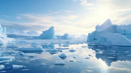 Antarctica, iceberg in bright backlight, ice floes inside Desolation Island on the Antarctic Peninsula, ice blocks and mountains; Blue Bay at Antarctica's Andvord; illuminated ice - obrazy, fototapety, plakaty