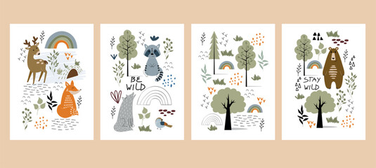 Fototapeta na wymiar Vector posters with forest animals. Woodland decoration on a white background.