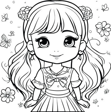 Cute little girl with butterflies. Vector illustration for coloring book.